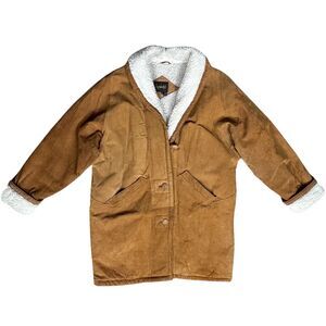 Vtg Learsi Coat Unisex Suede Leather Sherpa Lined Pockets Large Tan Winter Retro
